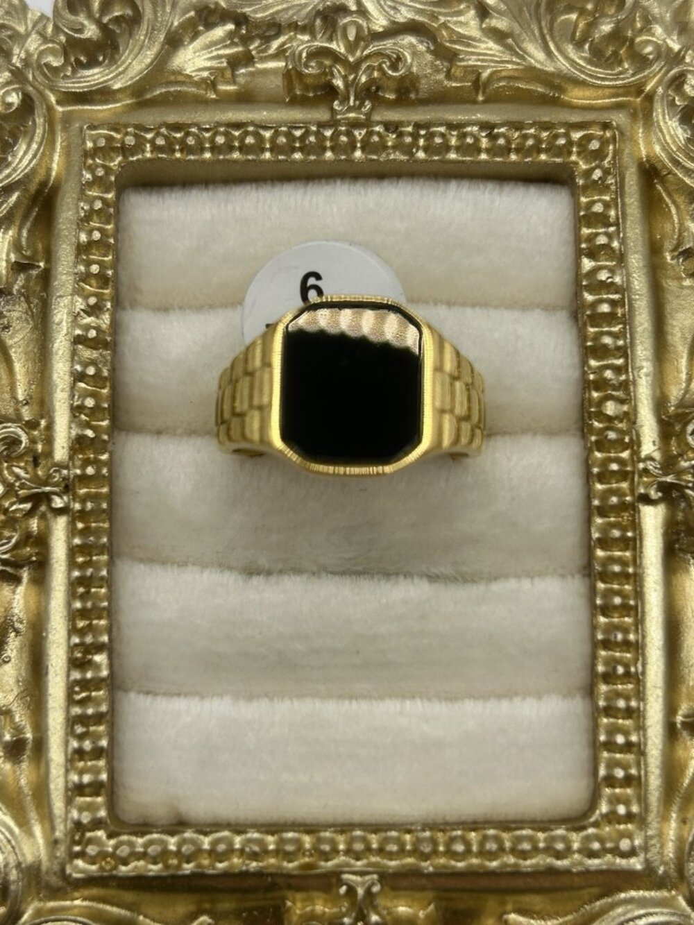 Vintage NOS Gold Tone Signet Ring Size 9 Unisex Jewelry Black Center Chunky New - Picture 4 of 13